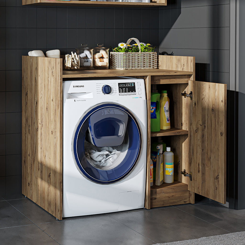 Roomart Waschmaschinenschrank DERIN-II – Waschmaschinen-Überbauschrank  – 100×180×65 cm – Waschküchen- & Hauswirtschaftsschrank – Weiß, Weiß-Eiche, Eiche & Anthrazit-Eiche