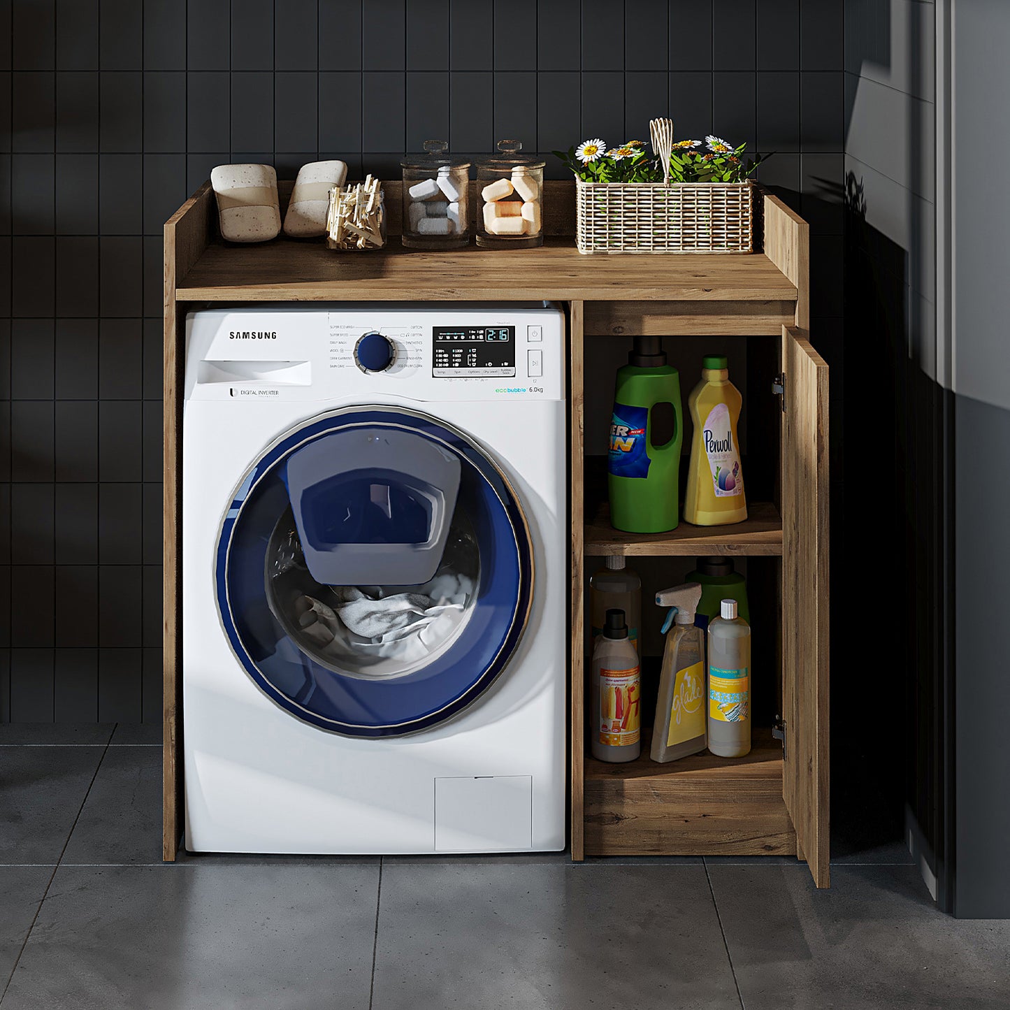 Roomart Waschmaschinenschrank DERIN-II – Waschmaschinen-Überbauschrank  – 100×180×65 cm – Waschküchen- & Hauswirtschaftsschrank – Weiß, Weiß-Eiche, Eiche & Anthrazit-Eiche