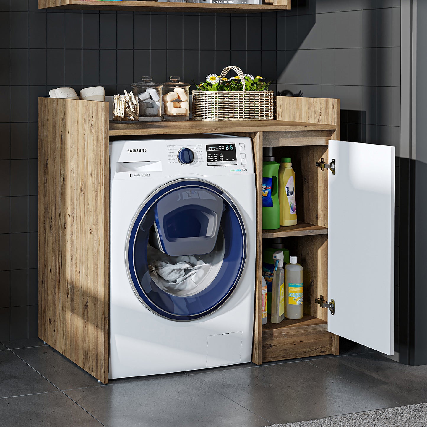 Roomart Waschmaschinenschrank DERIN-II – Waschmaschinen-Überbauschrank  – 100×180×65 cm – Waschküchen- & Hauswirtschaftsschrank – Weiß, Weiß-Eiche, Eiche & Anthrazit-Eiche