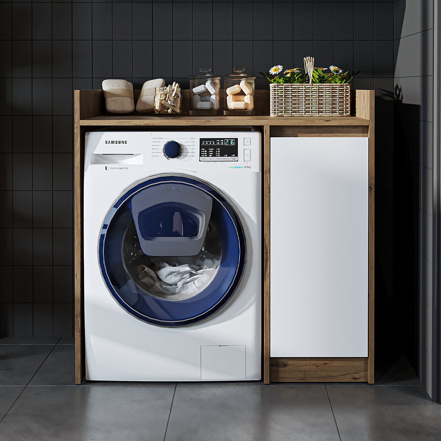 Roomart Waschmaschinenschrank DERIN-II – Waschmaschinen-Überbauschrank  – 100×180×65 cm – Waschküchen- & Hauswirtschaftsschrank – Weiß, Weiß-Eiche, Eiche & Anthrazit-Eiche