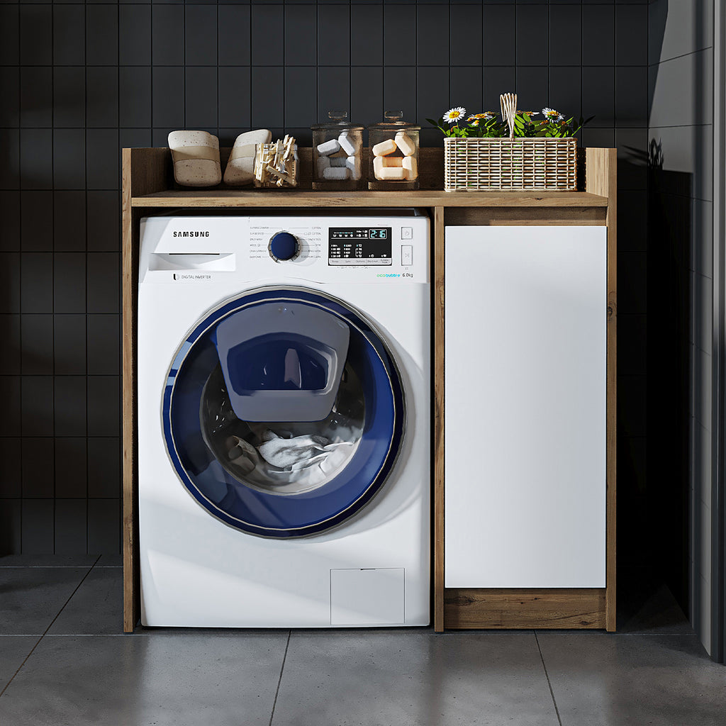 Roomart Waschmaschinenschrank DERIN-II – Waschmaschinen-Überbauschrank  – 100×180×65 cm – Waschküchen- & Hauswirtschaftsschrank – Weiß, Weiß-Eiche, Eiche & Anthrazit-Eiche