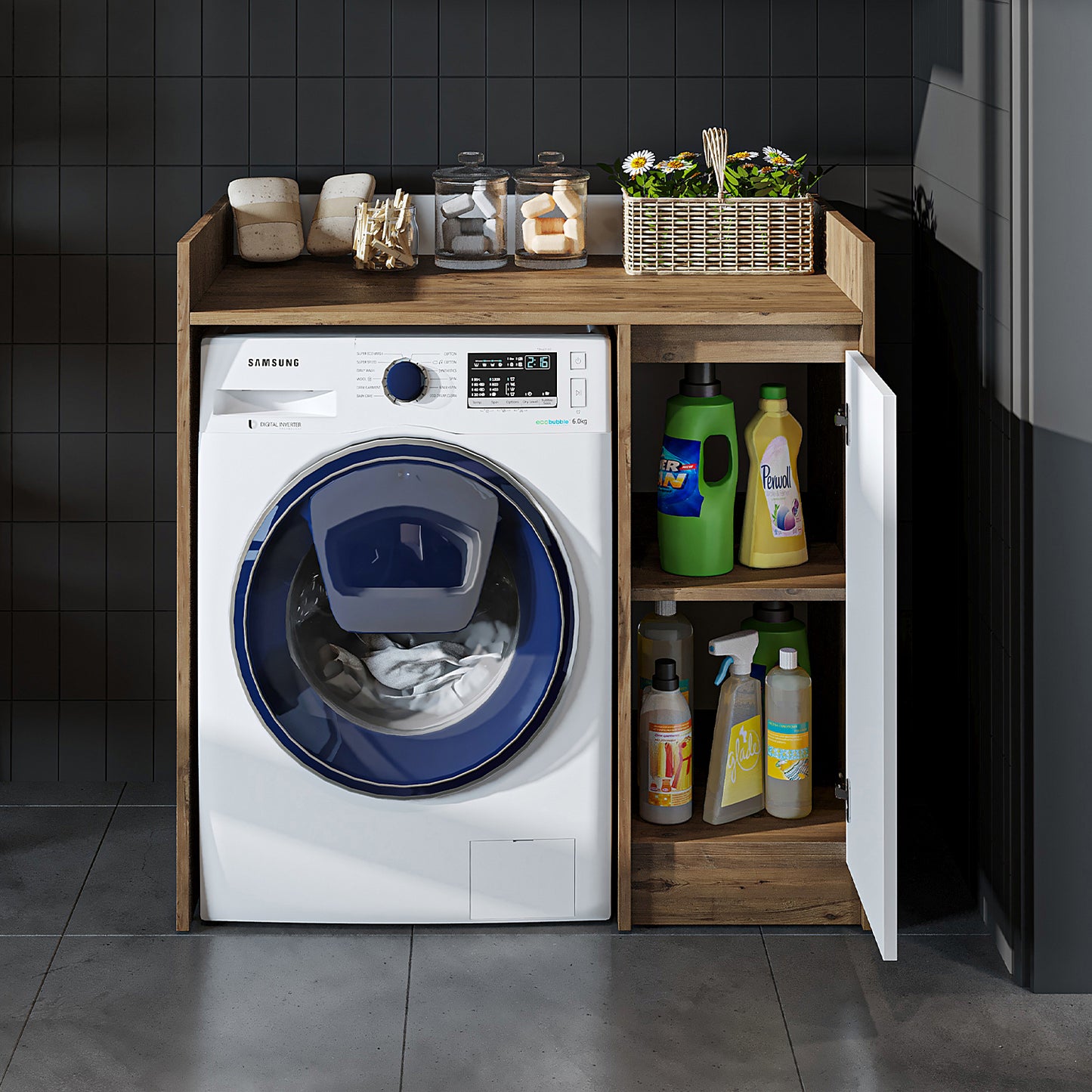 Roomart Waschmaschinenschrank DERIN-II – Waschmaschinen-Überbauschrank  – 100×180×65 cm – Waschküchen- & Hauswirtschaftsschrank – Weiß, Weiß-Eiche, Eiche & Anthrazit-Eiche