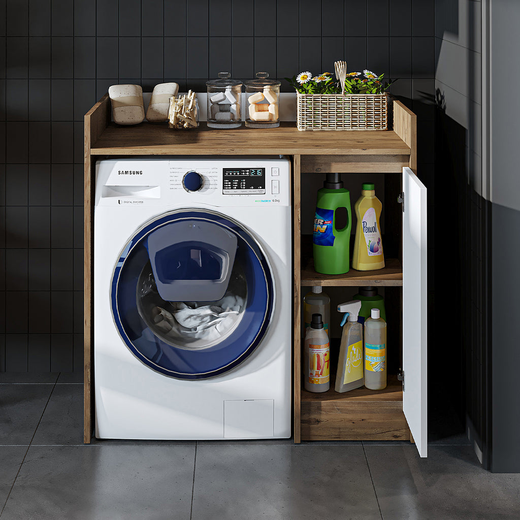 Roomart Waschmaschinenschrank DERIN-II – Waschmaschinen-Überbauschrank  – 100×180×65 cm – Waschküchen- & Hauswirtschaftsschrank – Weiß, Weiß-Eiche, Eiche & Anthrazit-Eiche