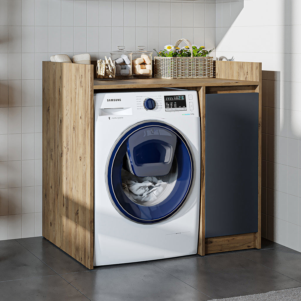 Roomart Waschmaschinenschrank DERIN-II – Waschmaschinen-Überbauschrank  – 100×180×65 cm – Waschküchen- & Hauswirtschaftsschrank – Weiß, Weiß-Eiche, Eiche & Anthrazit-Eiche