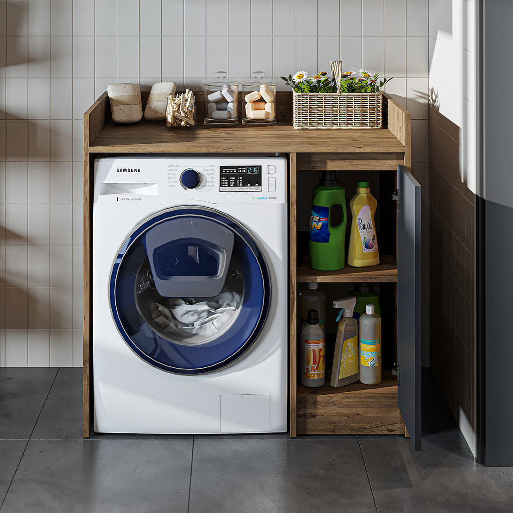 Roomart Waschmaschinenschrank DERIN-II – Waschmaschinen-Überbauschrank  – 100×180×65 cm – Waschküchen- & Hauswirtschaftsschrank – Weiß, Weiß-Eiche, Eiche & Anthrazit-Eiche