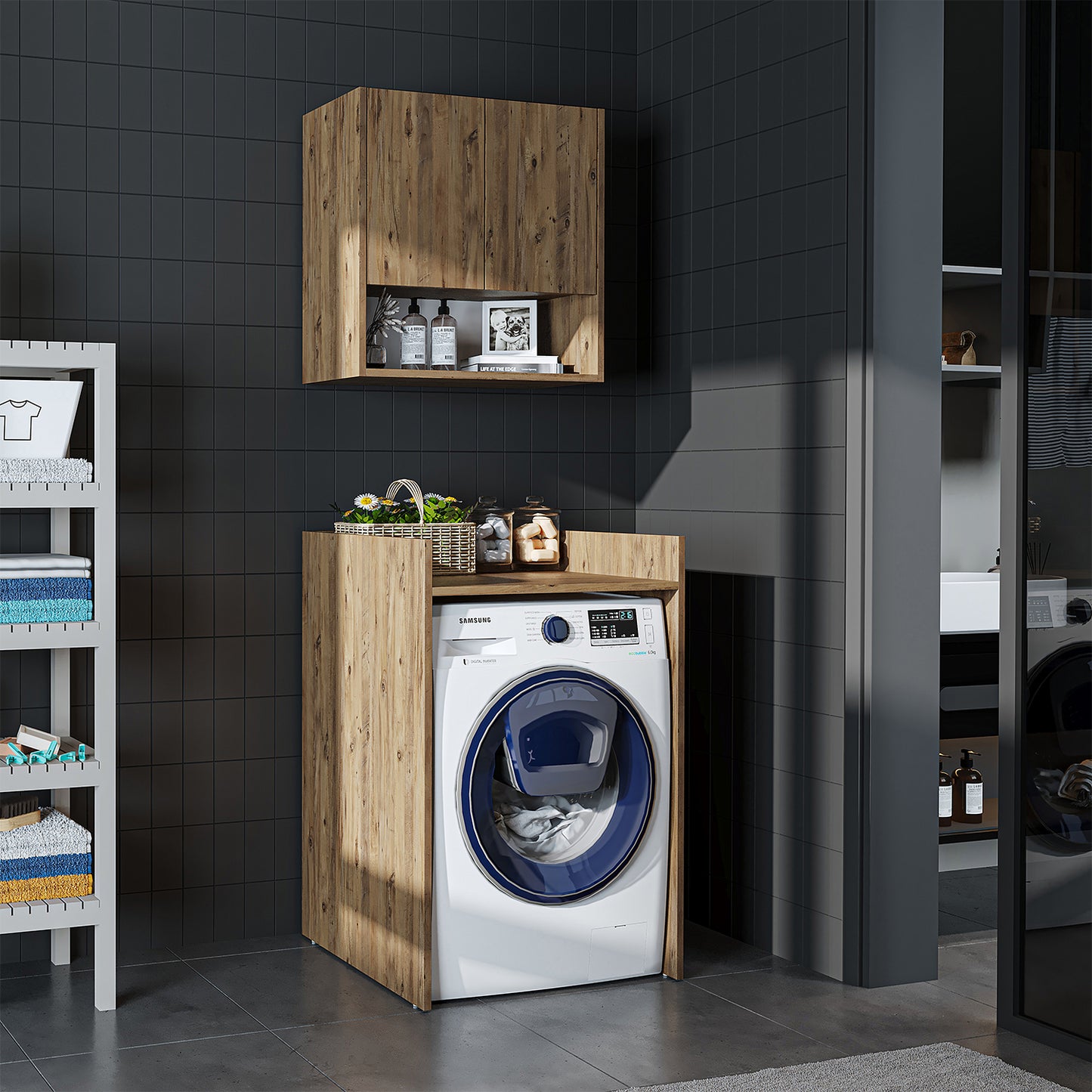 Roomart Waschmaschinenschrank DERIN-I – Waschmaschinen-Überbauschrank  – 65×180×65 cm – Waschküchen- & Hauswirtschaftsschrank – Weiß, Weiß-Eiche, Eiche & Anthrazit-Eiche