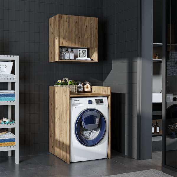 Roomart Waschmaschinenschrank DERIN-I – Waschmaschinen-Überbauschrank  – 65×180×65 cm – Waschküchen- & Hauswirtschaftsschrank – Weiß, Weiß-Eiche, Eiche & Anthrazit-Eiche