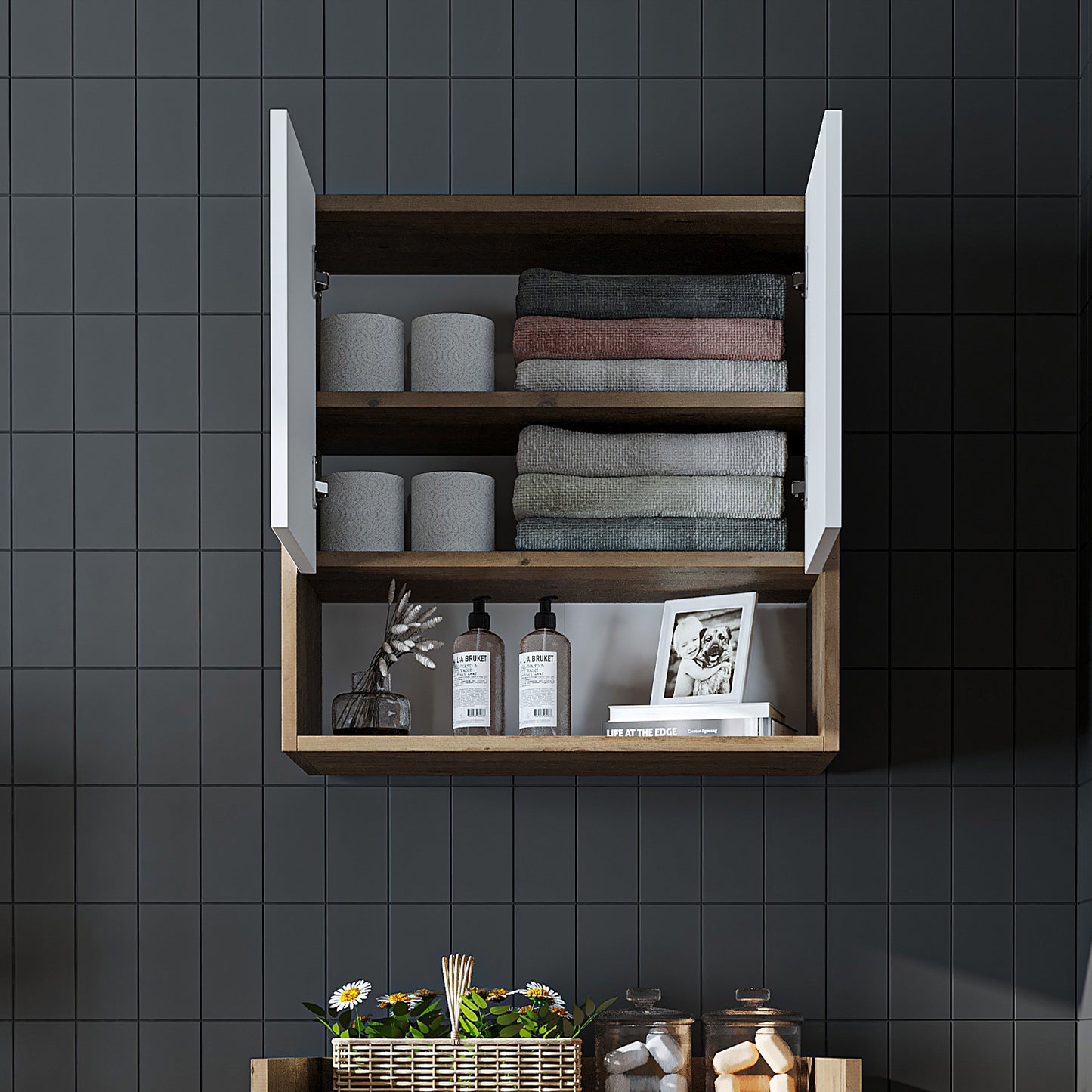 Roomart Waschmaschinenschrank DERIN-I – Waschmaschinen-Überbauschrank  – 65×180×65 cm – Waschküchen- & Hauswirtschaftsschrank – Weiß, Weiß-Eiche, Eiche & Anthrazit-Eiche