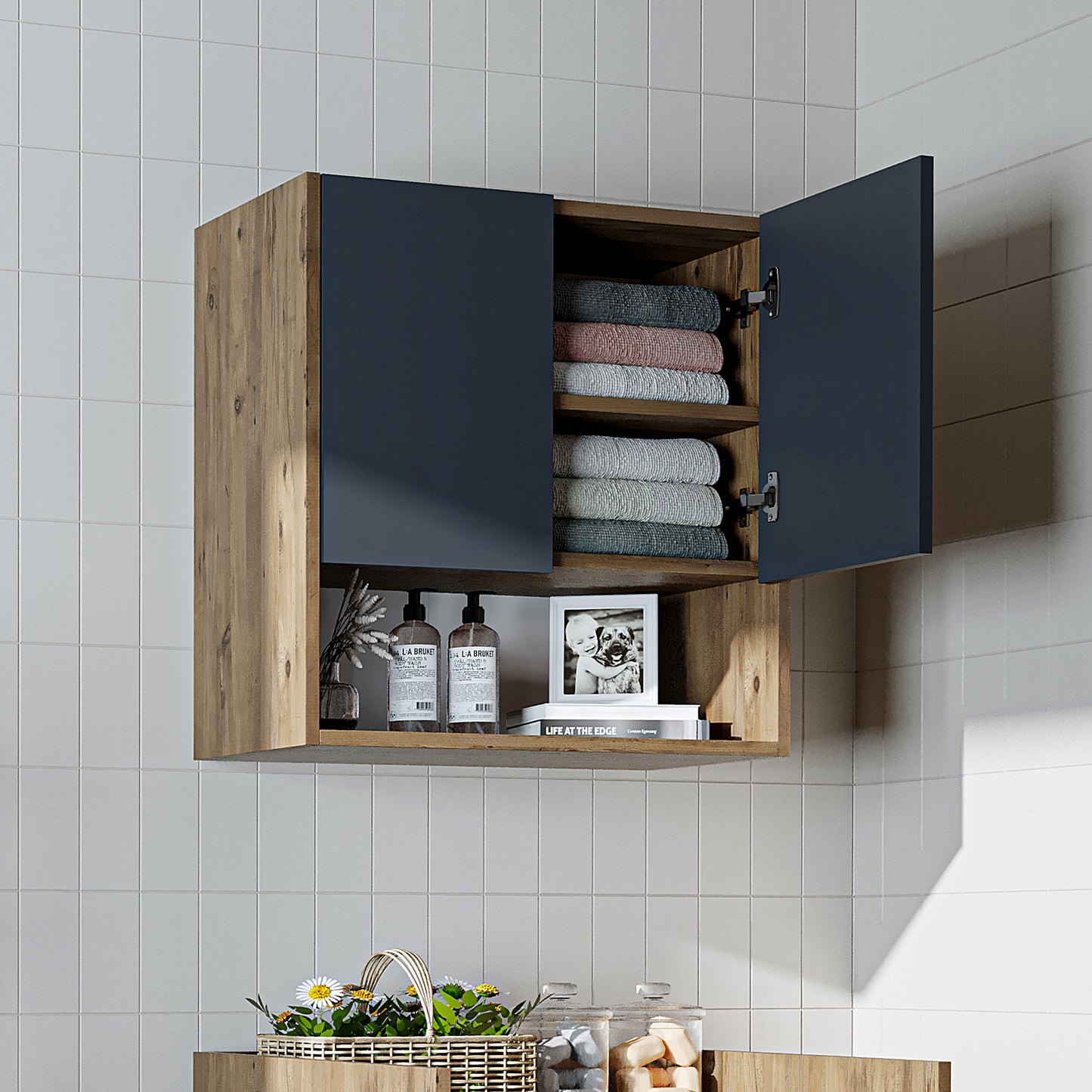 Roomart Waschmaschinenschrank DERIN-I – Waschmaschinen-Überbauschrank  – 65×180×65 cm – Waschküchen- & Hauswirtschaftsschrank – Weiß, Weiß-Eiche, Eiche & Anthrazit-Eiche