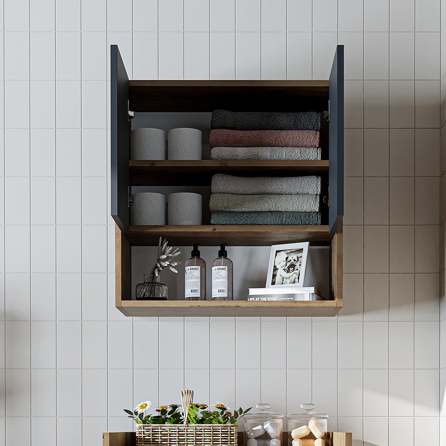 Roomart Waschmaschinenschrank DERIN-I – Waschmaschinen-Überbauschrank  – 65×180×65 cm – Waschküchen- & Hauswirtschaftsschrank – Weiß, Weiß-Eiche, Eiche & Anthrazit-Eiche