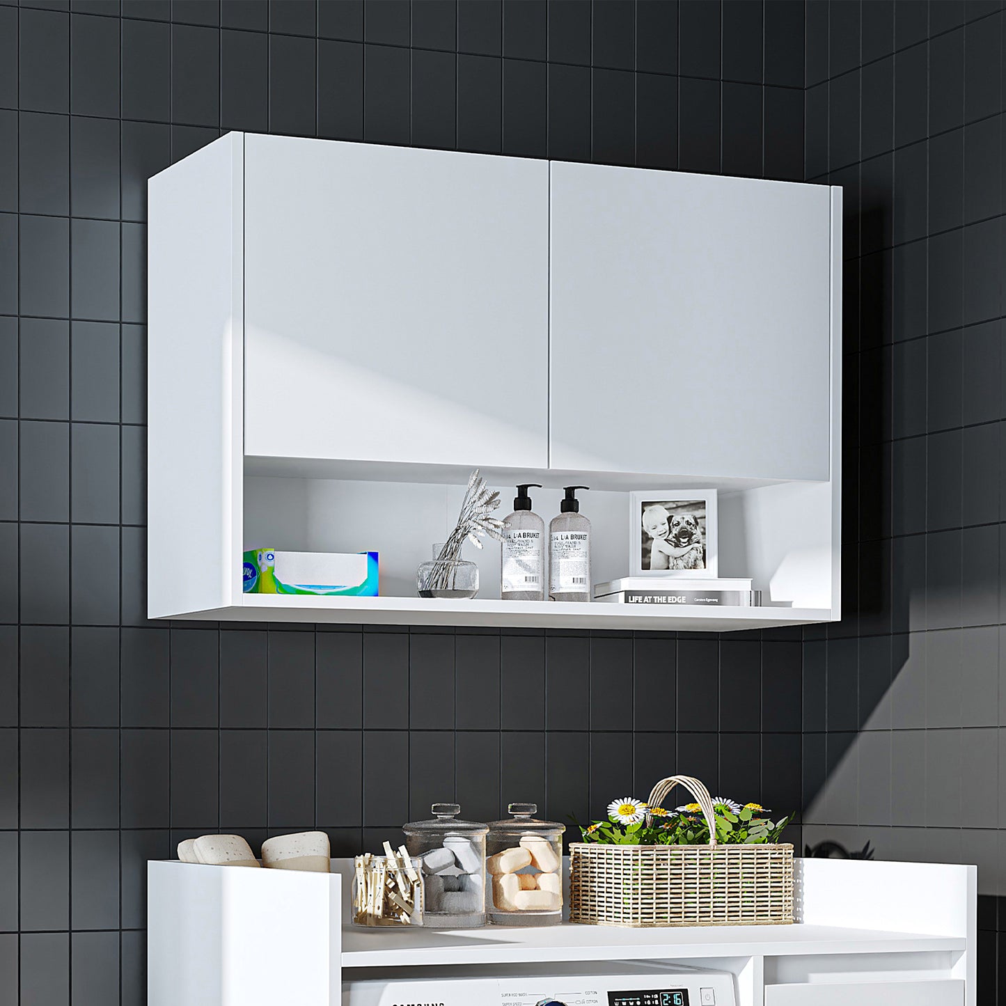 Roomart Waschmaschinenschrank DERIN-II – Waschmaschinen-Überbauschrank  – 100×180×65 cm – Waschküchen- & Hauswirtschaftsschrank – Weiß, Weiß-Eiche, Eiche & Anthrazit-Eiche