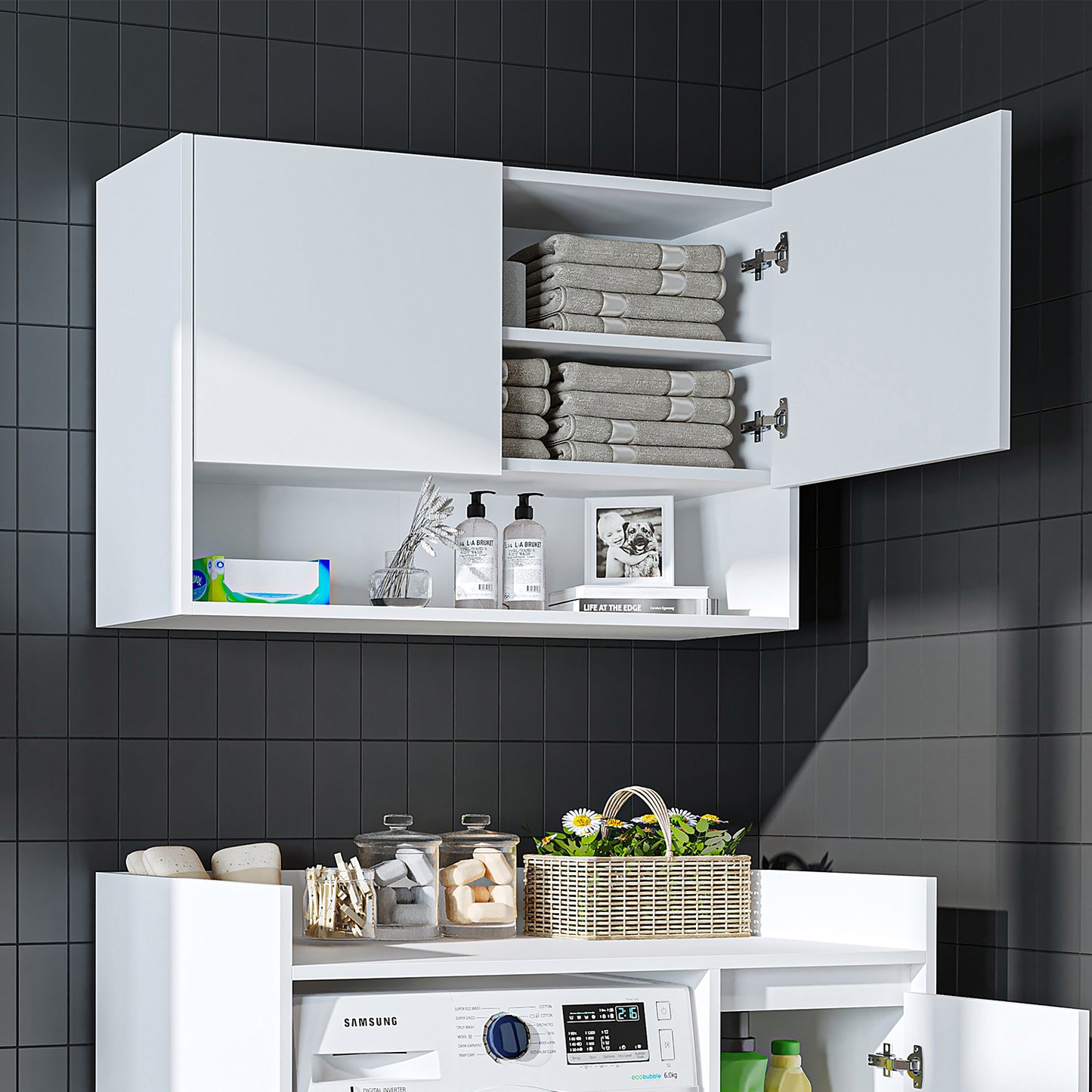 Roomart Waschmaschinenschrank DERIN-II – Waschmaschinen-Überbauschrank  – 100×180×65 cm – Waschküchen- & Hauswirtschaftsschrank – Weiß, Weiß-Eiche, Eiche & Anthrazit-Eiche