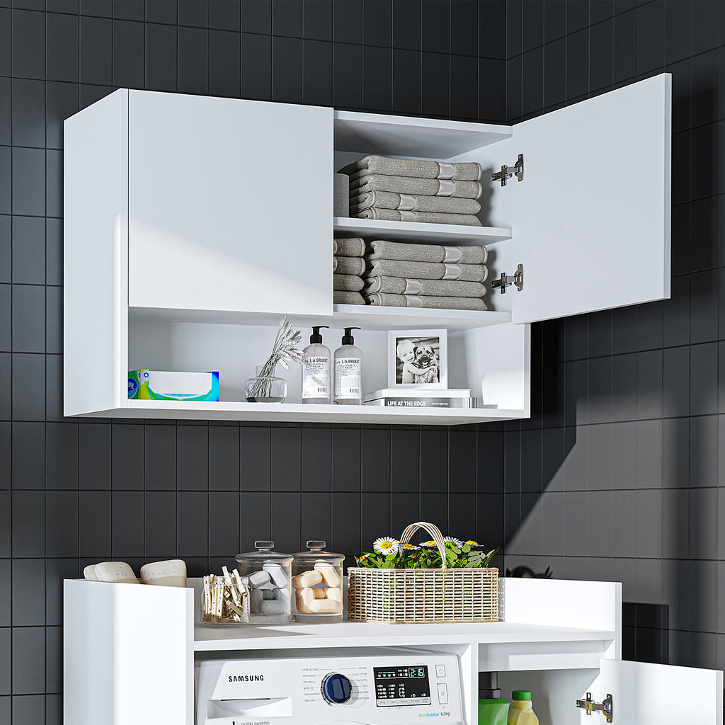 Roomart Waschmaschinenschrank DERIN-II – Waschmaschinen-Überbauschrank  – 100×180×65 cm – Waschküchen- & Hauswirtschaftsschrank – Weiß, Weiß-Eiche, Eiche & Anthrazit-Eiche