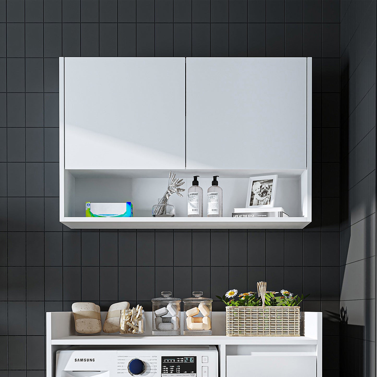 Roomart Waschmaschinenschrank DERIN-II – Waschmaschinen-Überbauschrank  – 100×180×65 cm – Waschküchen- & Hauswirtschaftsschrank – Weiß, Weiß-Eiche, Eiche & Anthrazit-Eiche