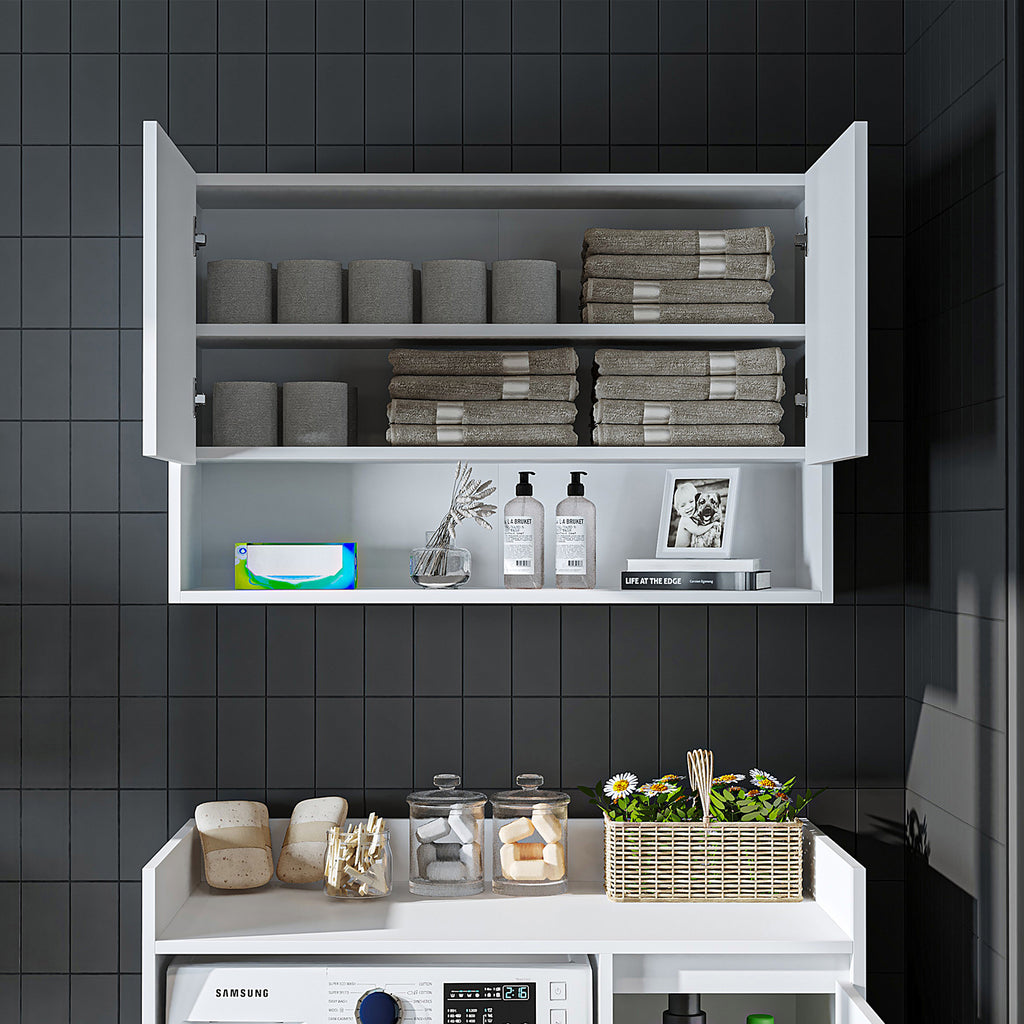 Roomart Waschmaschinenschrank DERIN-II – Waschmaschinen-Überbauschrank  – 100×180×65 cm – Waschküchen- & Hauswirtschaftsschrank – Weiß, Weiß-Eiche, Eiche & Anthrazit-Eiche