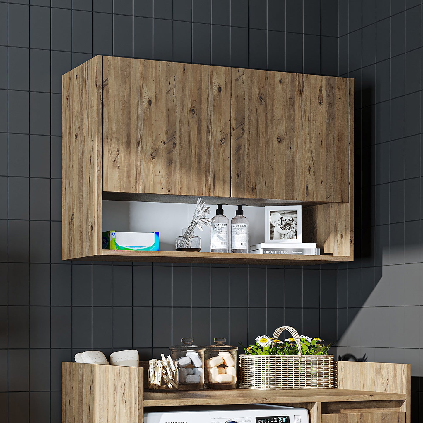 Roomart Waschmaschinenschrank DERIN-II – Waschmaschinen-Überbauschrank  – 100×180×65 cm – Waschküchen- & Hauswirtschaftsschrank – Weiß, Weiß-Eiche, Eiche & Anthrazit-Eiche