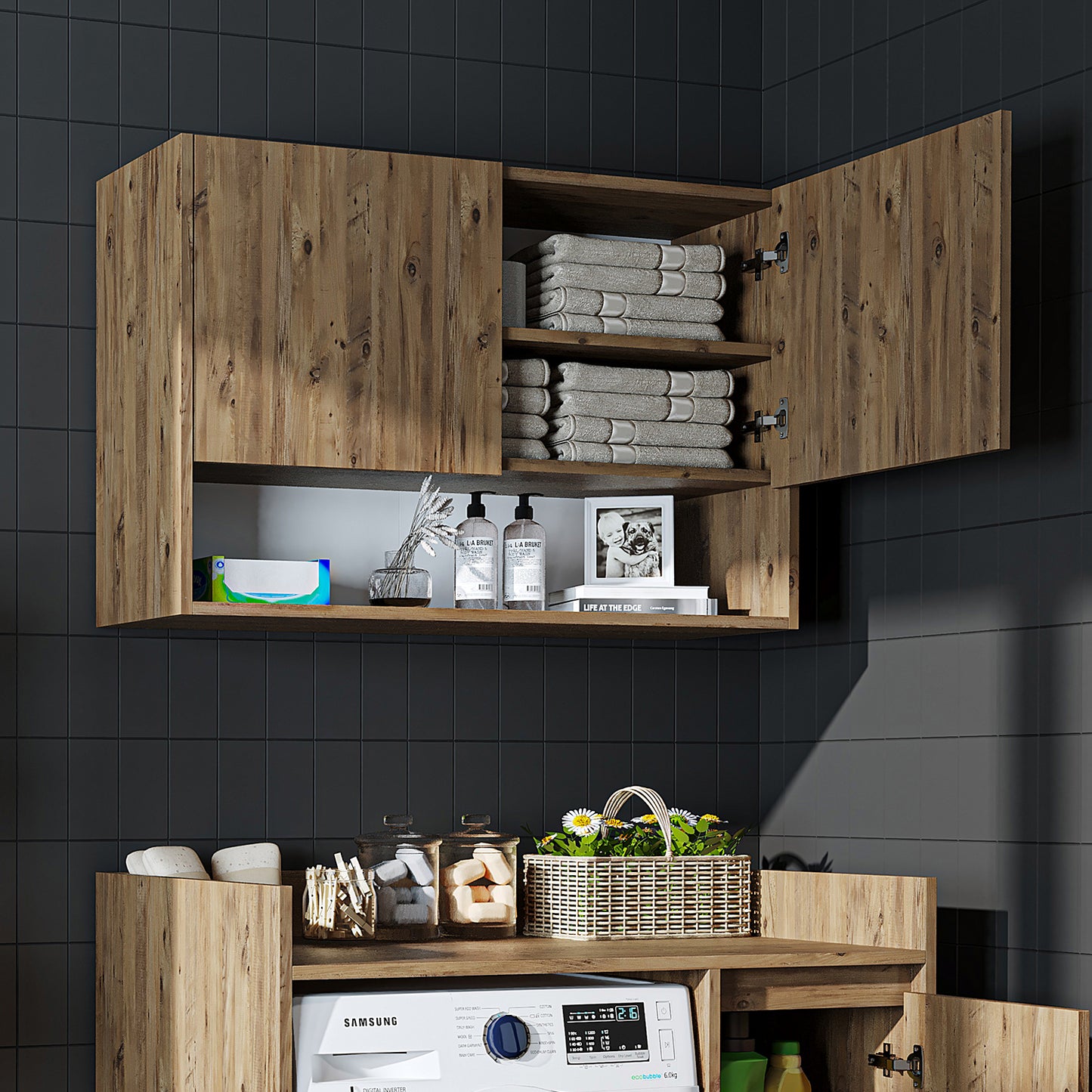 Roomart Waschmaschinenschrank DERIN-II – Waschmaschinen-Überbauschrank  – 100×180×65 cm – Waschküchen- & Hauswirtschaftsschrank – Weiß, Weiß-Eiche, Eiche & Anthrazit-Eiche