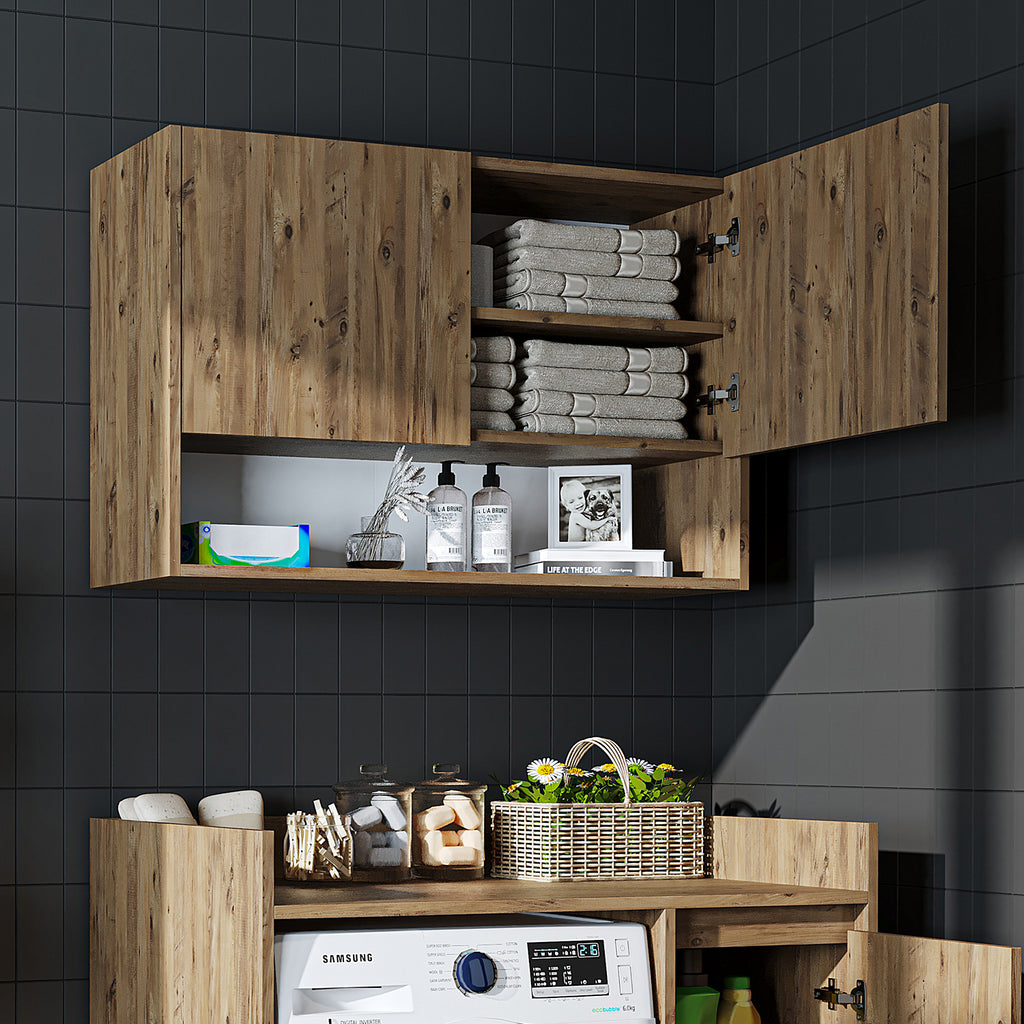 Roomart Waschmaschinenschrank DERIN-II – Waschmaschinen-Überbauschrank  – 100×180×65 cm – Waschküchen- & Hauswirtschaftsschrank – Weiß, Weiß-Eiche, Eiche & Anthrazit-Eiche