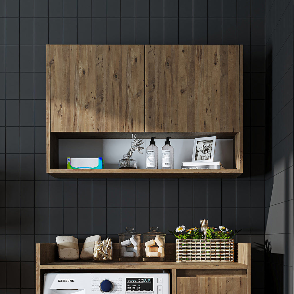 Roomart Waschmaschinenschrank DERIN-II – Waschmaschinen-Überbauschrank  – 100×180×65 cm – Waschküchen- & Hauswirtschaftsschrank – Weiß, Weiß-Eiche, Eiche & Anthrazit-Eiche