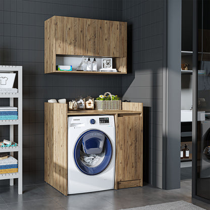 Roomart Waschmaschinenschrank DERIN-II – Waschmaschinen-Überbauschrank  – 100×180×65 cm – Waschküchen- & Hauswirtschaftsschrank – Weiß, Weiß-Eiche, Eiche & Anthrazit-Eiche