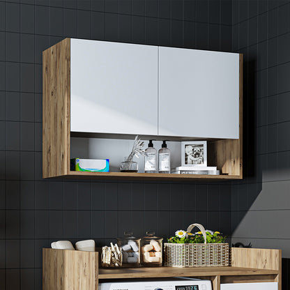 Roomart Waschmaschinenschrank DERIN-II – Waschmaschinen-Überbauschrank  – 100×180×65 cm – Waschküchen- & Hauswirtschaftsschrank – Weiß, Weiß-Eiche, Eiche & Anthrazit-Eiche