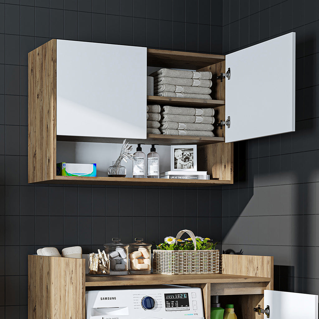 Roomart Waschmaschinenschrank DERIN-II – Waschmaschinen-Überbauschrank  – 100×180×65 cm – Waschküchen- & Hauswirtschaftsschrank – Weiß, Weiß-Eiche, Eiche & Anthrazit-Eiche