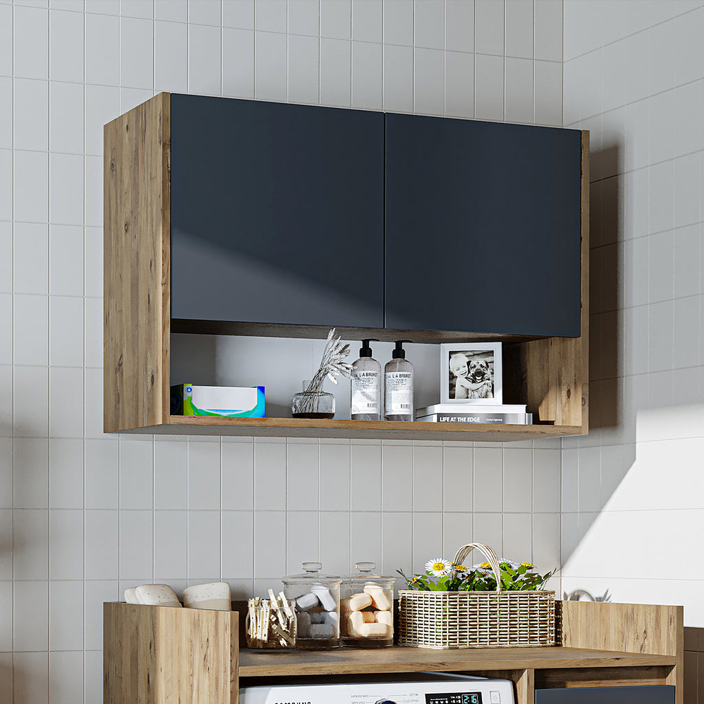 Roomart Waschmaschinenschrank DERIN-II – Waschmaschinen-Überbauschrank  – 100×180×65 cm – Waschküchen- & Hauswirtschaftsschrank – Weiß, Weiß-Eiche, Eiche & Anthrazit-Eiche