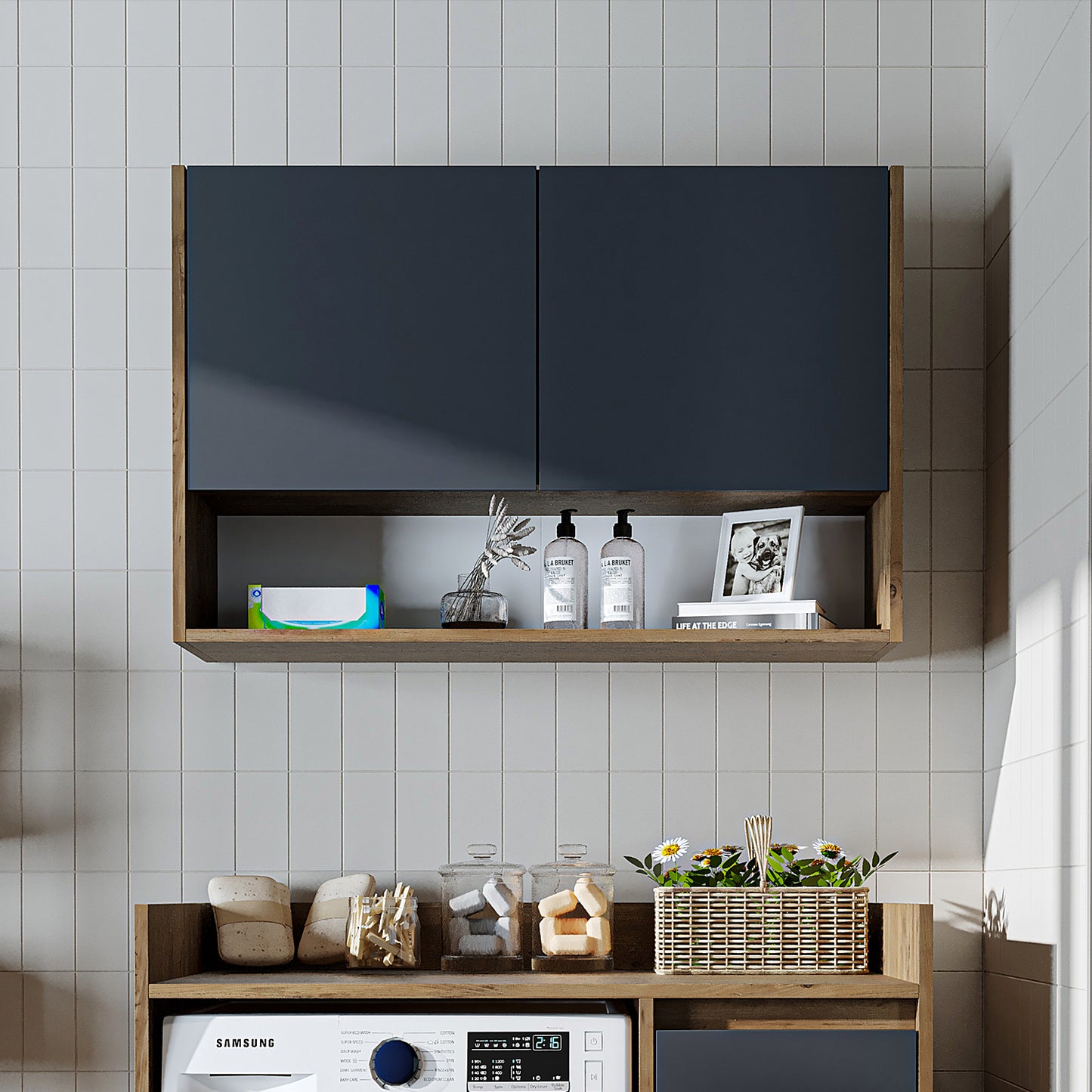 Roomart Waschmaschinenschrank DERIN-II – Waschmaschinen-Überbauschrank  – 100×180×65 cm – Waschküchen- & Hauswirtschaftsschrank – Weiß, Weiß-Eiche, Eiche & Anthrazit-Eiche