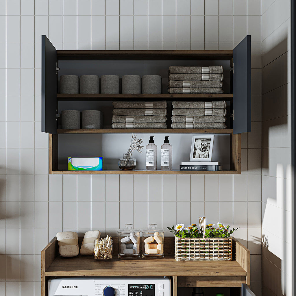 Roomart Waschmaschinenschrank DERIN-II – Waschmaschinen-Überbauschrank  – 100×180×65 cm – Waschküchen- & Hauswirtschaftsschrank – Weiß, Weiß-Eiche, Eiche & Anthrazit-Eiche