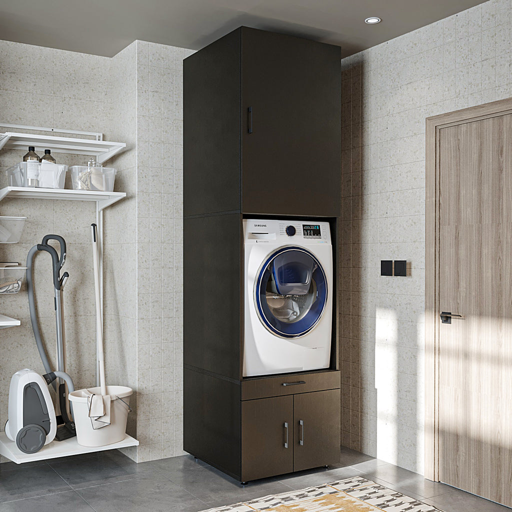 Roomart Waschmaschinenschrank mit Schrankaufsatz 95cm, HBT: 240x67x66,8 cm, Ausziehbrett, Eiche, Weiß, Schwarz eiche - waschmaschinenschrank, waschmaschinenregal, waschturm, schrank, weiß, waschmaschinen, unterschrank, waschmaschine, trockner, haushaltssc