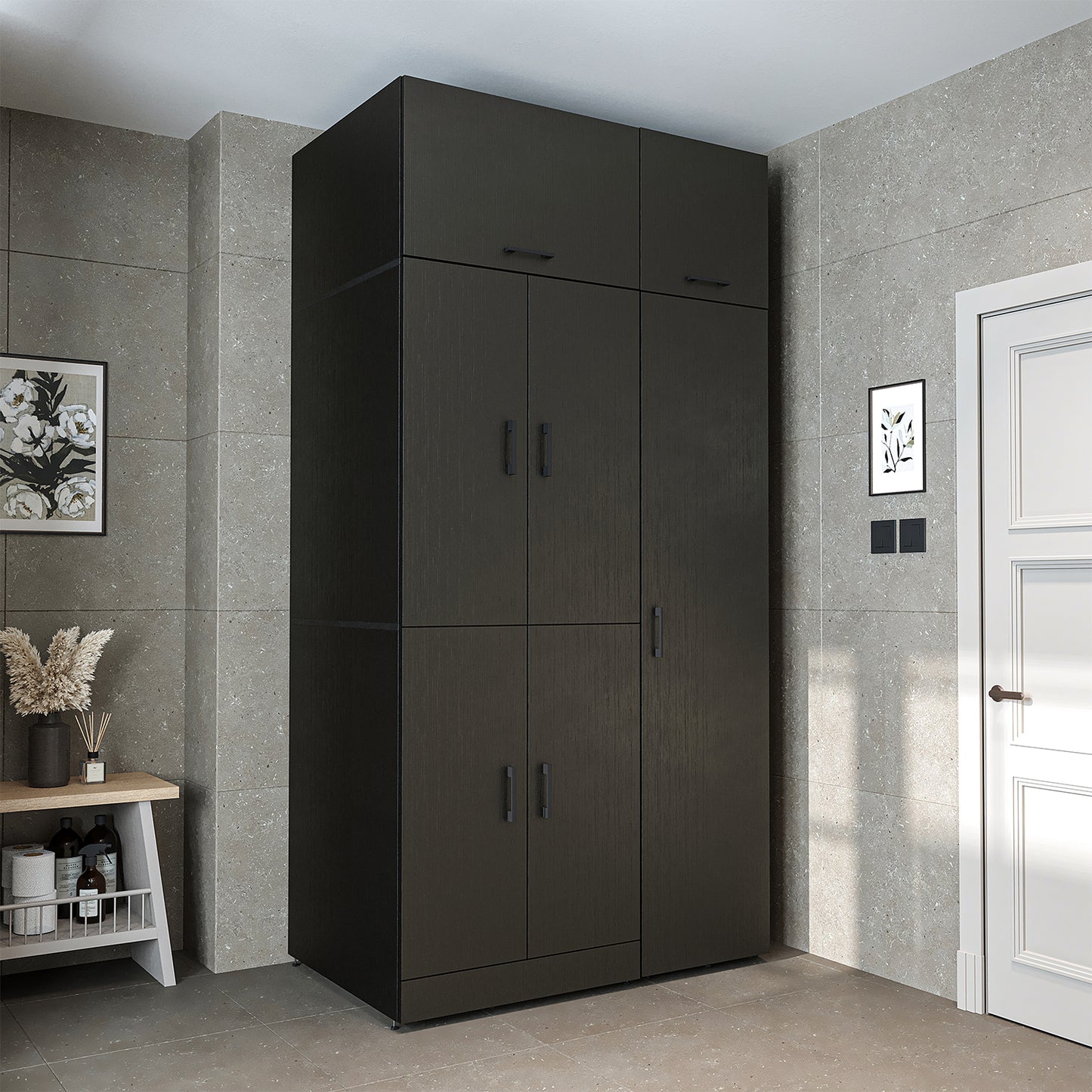 Roomart Waschmaschinenschrank - SERIE DORA-I-  115 cm breit -  Wasch- & Trocknerschrank mit Türen & Ausziehbrett, 115 cm breit, Waschmaschinen-Überbau für Waschküche & Hauswirtschaftsraum – Weiß, Weiß-Eiche, Anthrazit-Eiche, Eiche, Schwarz-Eiche