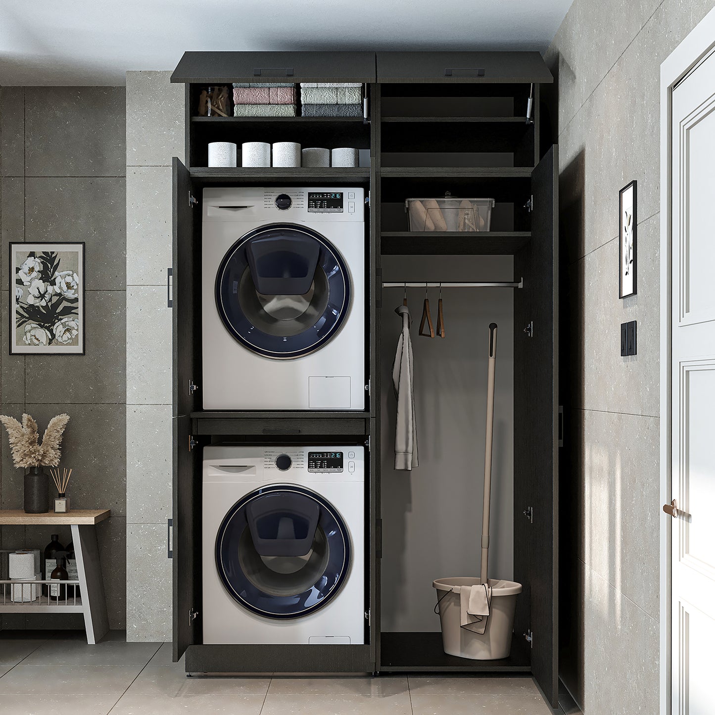Roomart Waschmaschinenschrank- DORA-I- 130 cm breit – Waschmaschinen- & Trockner-Überbau mit Türen und Ausziehplatte, Bad & Waschküche, 5 Farben