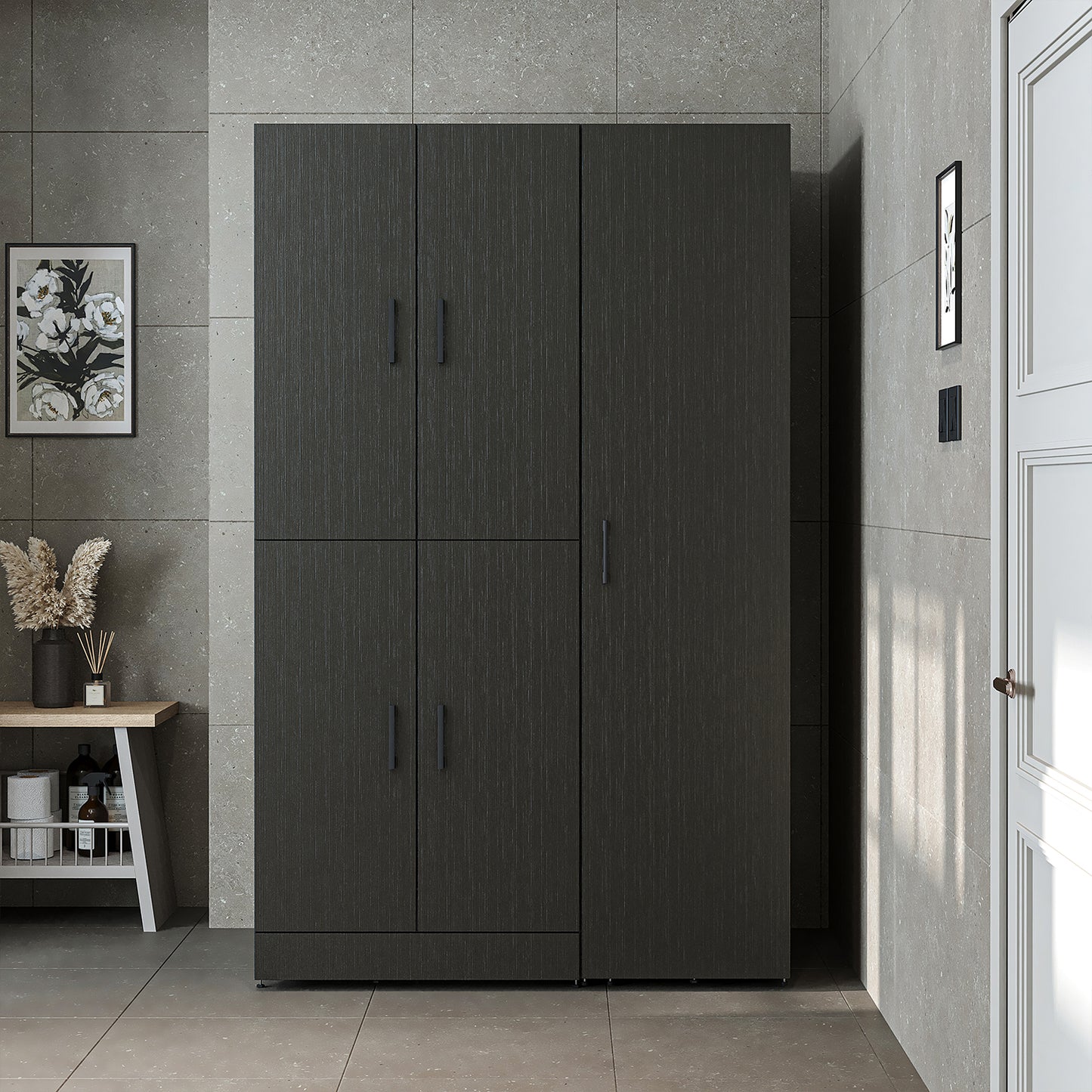 Roomart Waschmaschinenschrank - SERIE DORA-I-  115 cm breit -  Wasch- & Trocknerschrank mit Türen & Ausziehbrett, 115 cm breit, Waschmaschinen-Überbau für Waschküche & Hauswirtschaftsraum – Weiß, Weiß-Eiche, Anthrazit-Eiche, Eiche, Schwarz-Eiche