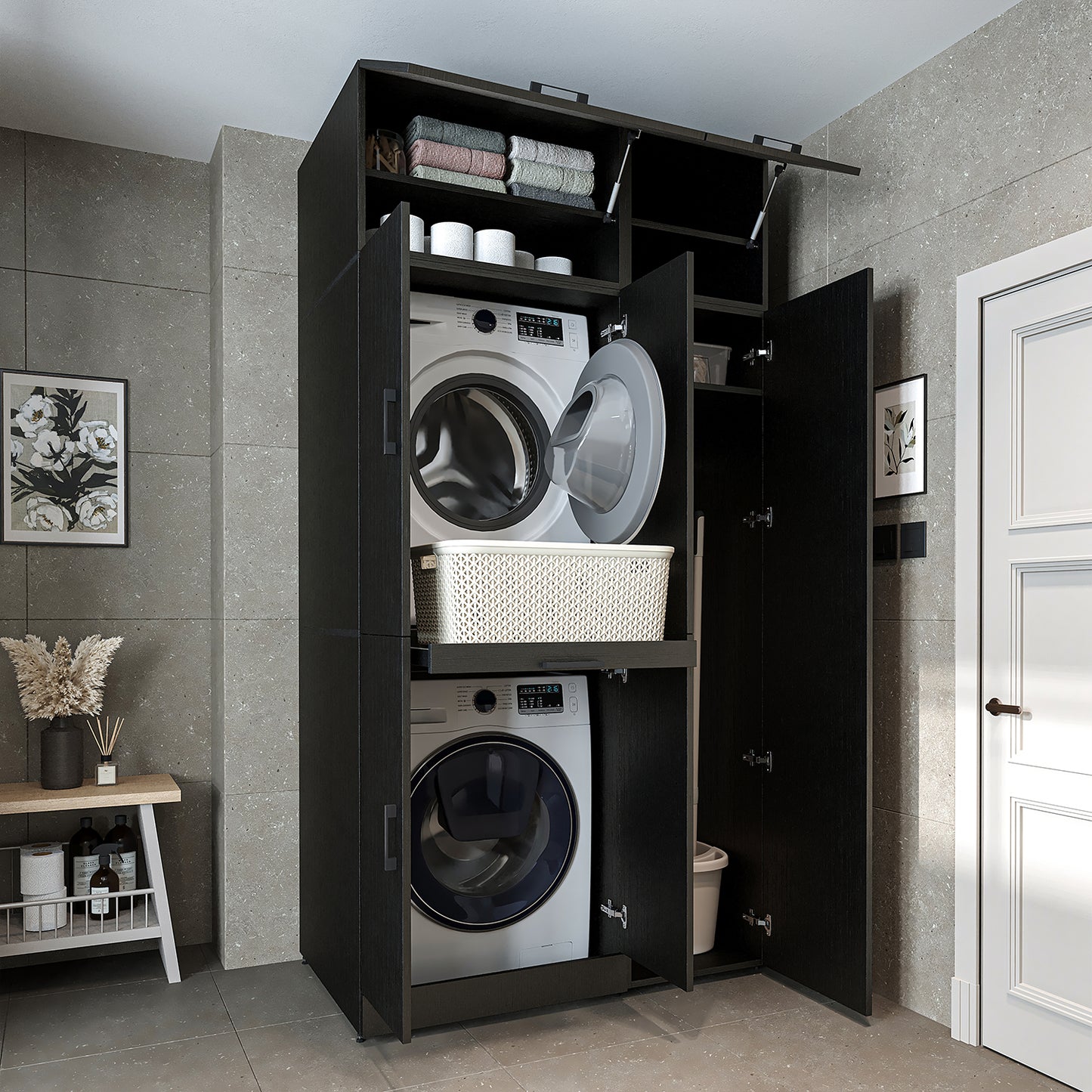 Roomart Waschmaschinenschrank - SERIE DORA-I-  115 cm breit -  Wasch- & Trocknerschrank mit Türen & Ausziehbrett, 115 cm breit, Waschmaschinen-Überbau für Waschküche & Hauswirtschaftsraum – Weiß, Weiß-Eiche, Anthrazit-Eiche, Eiche, Schwarz-Eiche