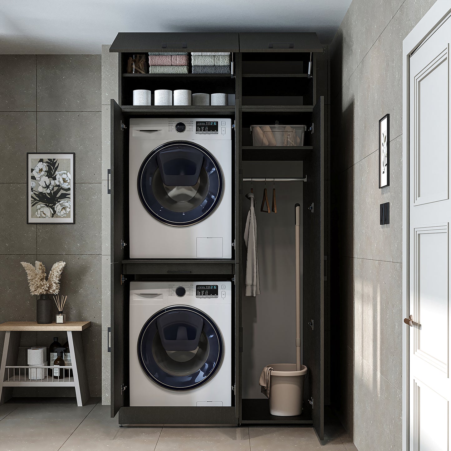 Roomart Waschmaschinenschrank - SERIE DORA-I-  115 cm breit -  Wasch- & Trocknerschrank mit Türen & Ausziehbrett, 115 cm breit, Waschmaschinen-Überbau für Waschküche & Hauswirtschaftsraum – Weiß, Weiß-Eiche, Anthrazit-Eiche, Eiche, Schwarz-Eiche