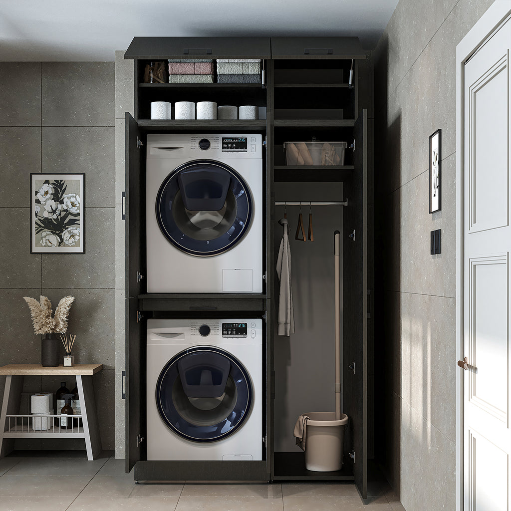 Roomart Waschmaschinenschrank - SERIE DORA-I-  115 cm breit -  Wasch- & Trocknerschrank mit Türen & Ausziehbrett, 115 cm breit, Waschmaschinen-Überbau für Waschküche & Hauswirtschaftsraum – Weiß, Weiß-Eiche, Anthrazit-Eiche, Eiche, Schwarz-Eiche