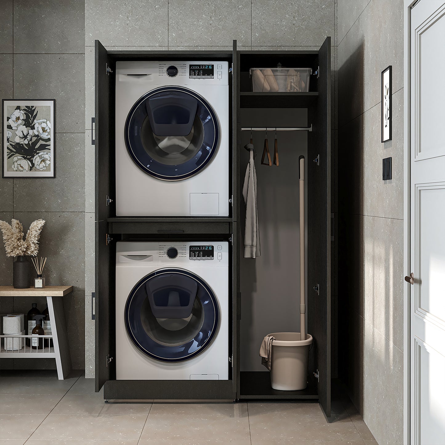 Roomart Waschmaschinenschrank - SERIE DORA-I-  115 cm breit -  Wasch- & Trocknerschrank mit Türen & Ausziehbrett, 115 cm breit, Waschmaschinen-Überbau für Waschküche & Hauswirtschaftsraum – Weiß, Weiß-Eiche, Anthrazit-Eiche, Eiche, Schwarz-Eiche