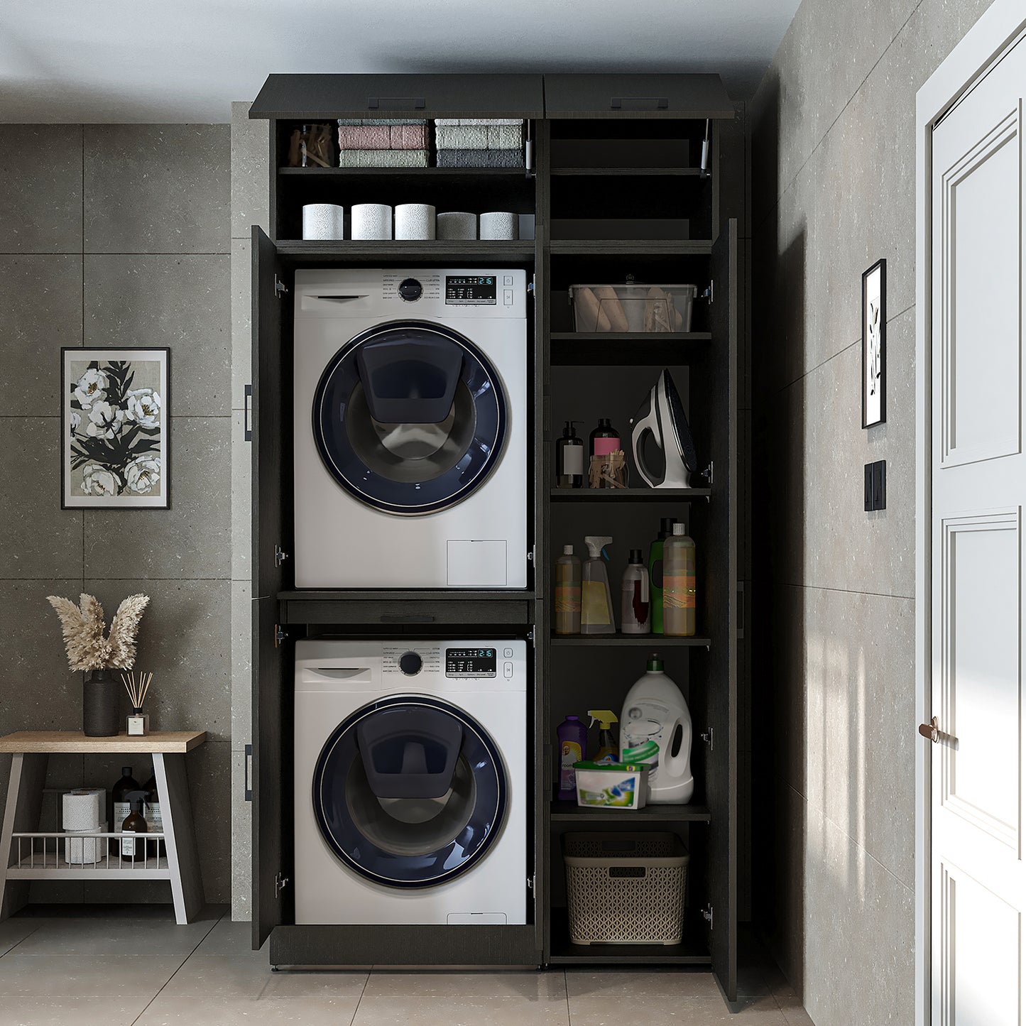 Roomart Waschmaschinenschrank - SERIE DORA-I-  115 cm breit -  Wasch- & Trocknerschrank mit Türen & Ausziehbrett, 115 cm breit, Waschmaschinen-Überbau für Waschküche & Hauswirtschaftsraum – Weiß, Weiß-Eiche, Anthrazit-Eiche, Eiche, Schwarz-Eiche