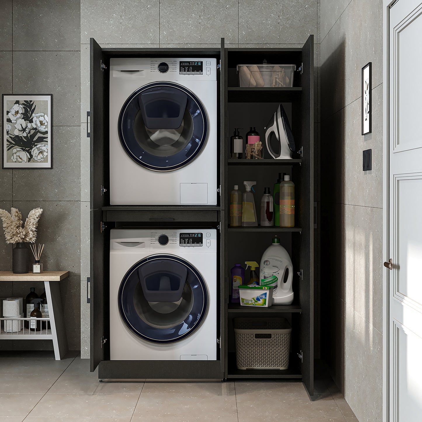 Roomart Waschmaschinenschrank - SERIE DORA-I-  115 cm breit -  Wasch- & Trocknerschrank mit Türen & Ausziehbrett, 115 cm breit, Waschmaschinen-Überbau für Waschküche & Hauswirtschaftsraum – Weiß, Weiß-Eiche, Anthrazit-Eiche, Eiche, Schwarz-Eiche