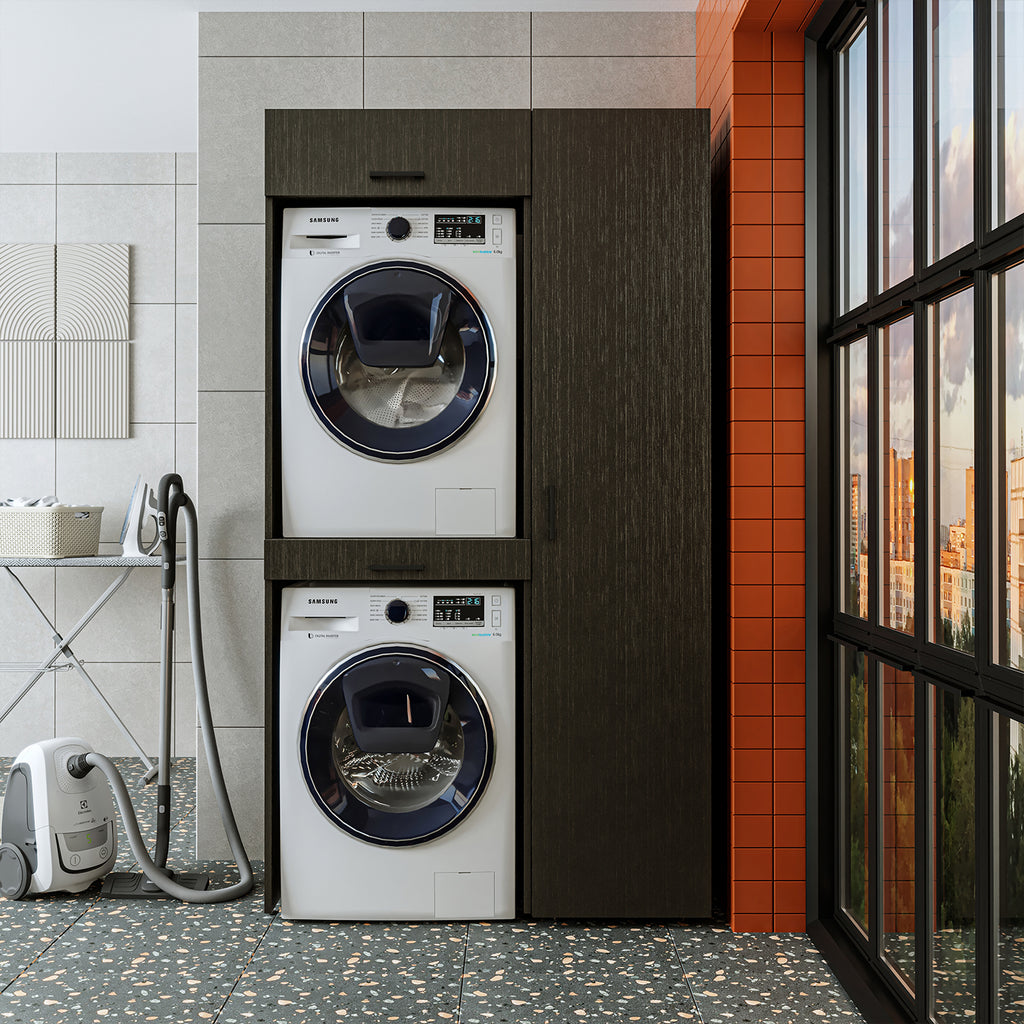 Roomart Waschmaschinenschrank, Trockner auf Waschmaschine • 112 cm breit • In 3 Farben - waschmaschinenschrank, waschmaschinenregal, waschturm, schrank, weiß, waschmaschinen, unterschrank, waschmaschine, trockner, haushaltsschrank, schränke, badschrank, h