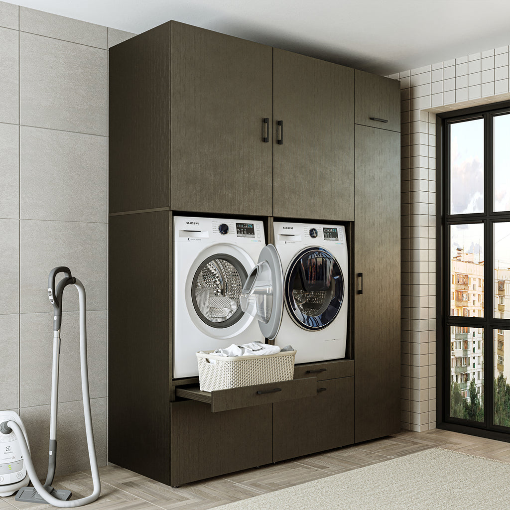 Roomart Waschmaschinenschrank Doppelschrank – SERIE 2 – Überbauschrank für Waschküche & Hauswirtschaftsraum – mit Ausziehbrett & Schubladen – in 3 Farben