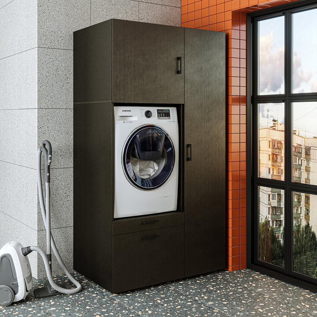 Roomart Waschmaschinenschrank mit Ausziehbrett, 112 cm breit - SERIE 2  – Waschmaschinenüberbau für Waschmaschine & Trockner, Waschturm-Schrank mit Stauraum für Bad & Waschküche