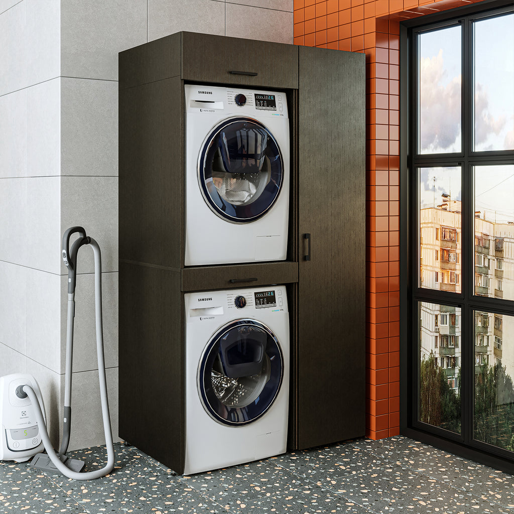 Roomart Waschmaschinenschrank, Trockner auf Waschmaschine • 112 cm breit • In 3 Farben - waschmaschinenschrank, waschmaschinenregal, waschturm, schrank, weiß, waschmaschinen, unterschrank, waschmaschine, trockner, haushaltsschrank, schränke, badschrank, h