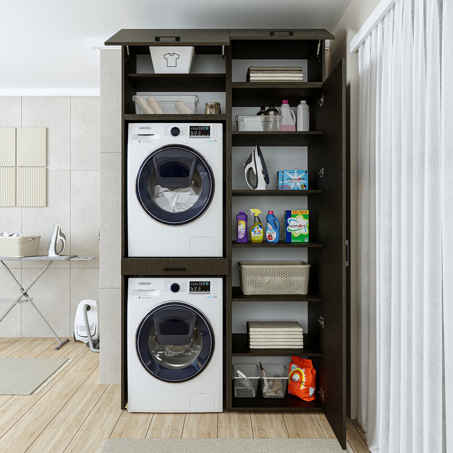 Roomart DUO-I Waschmaschinenschrank 127 cm – Waschmaschine & Trockner übereinander, Hochschrank
