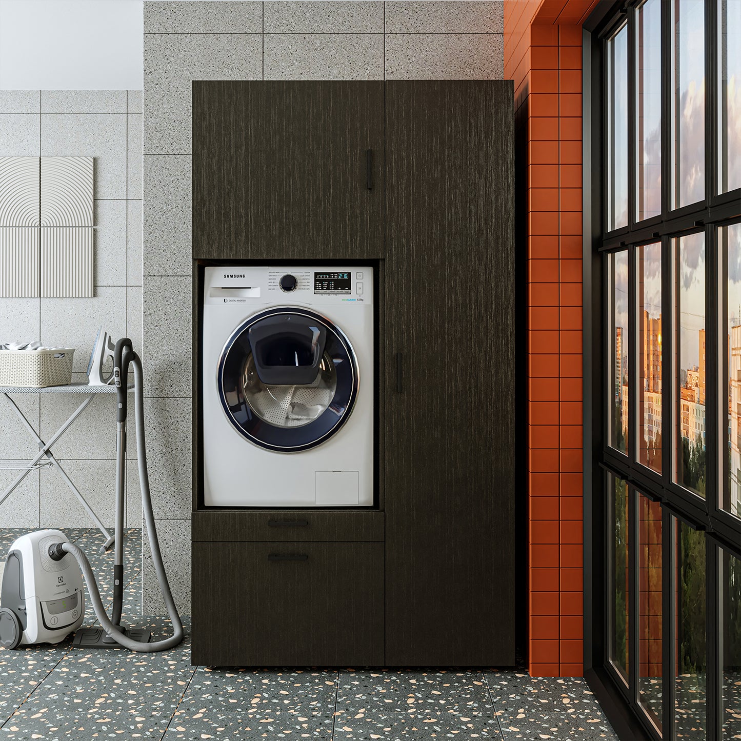 Roomart Waschmaschinenschrank SERIE 2 – Überbauschrank mit Schublade, Überbauschrank für Waschküche & Hauswirtschaftsraum – mit Ausziehbrett & Schublade – in 3 Farben