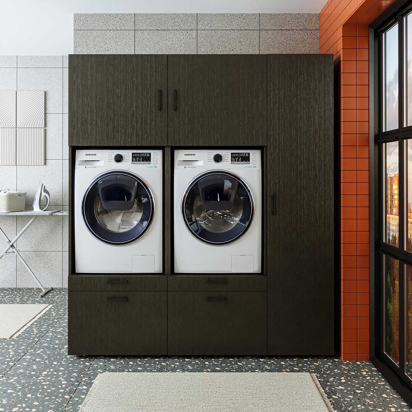 Roomart Waschmaschinenschrank SERIE 2 – Überbauschrank mit Schublade, Überbauschrank für Waschküche & Hauswirtschaftsraum – mit Ausziehbrett & Schublade – in 3 Farben