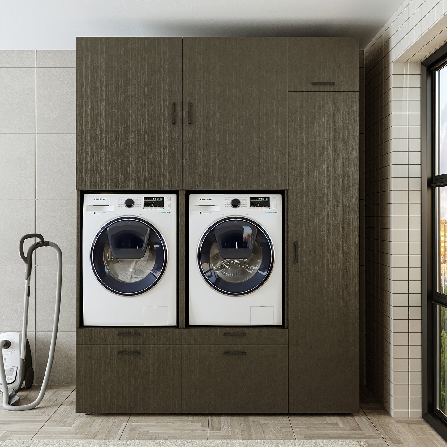 Roomart Waschmaschinenschrank Doppelschrank – SERIE 2 – Überbauschrank für Waschküche & Hauswirtschaftsraum – mit Ausziehbrett & Schubladen – in 3 Farben