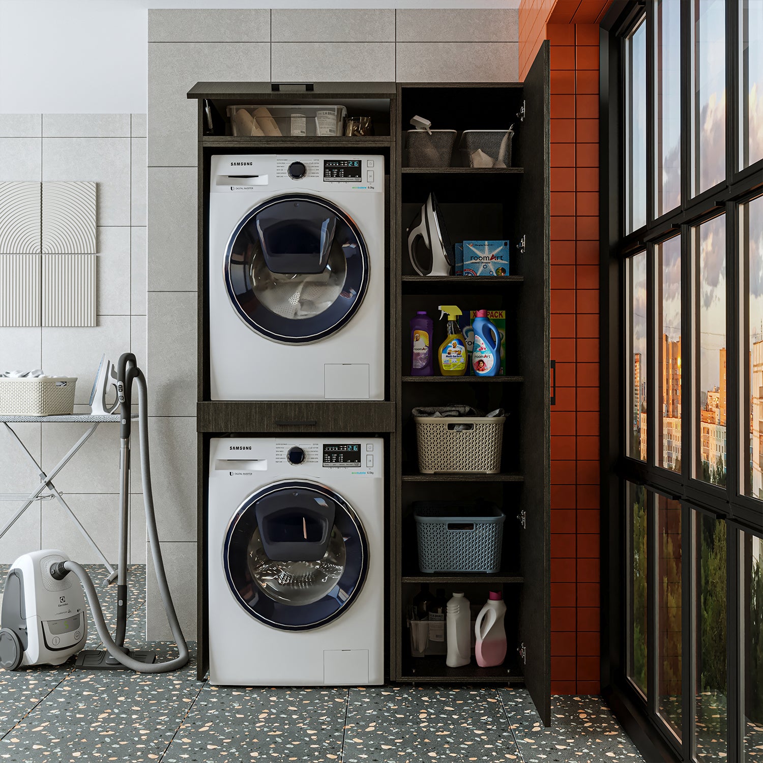 Roomart Waschmaschinenschrank, Trockner auf Waschmaschine • 112 cm breit • In 3 Farben - waschmaschinenschrank, waschmaschinenregal, waschturm, schrank, weiß, waschmaschinen, unterschrank, waschmaschine, trockner, haushaltsschrank, schränke, badschrank, h