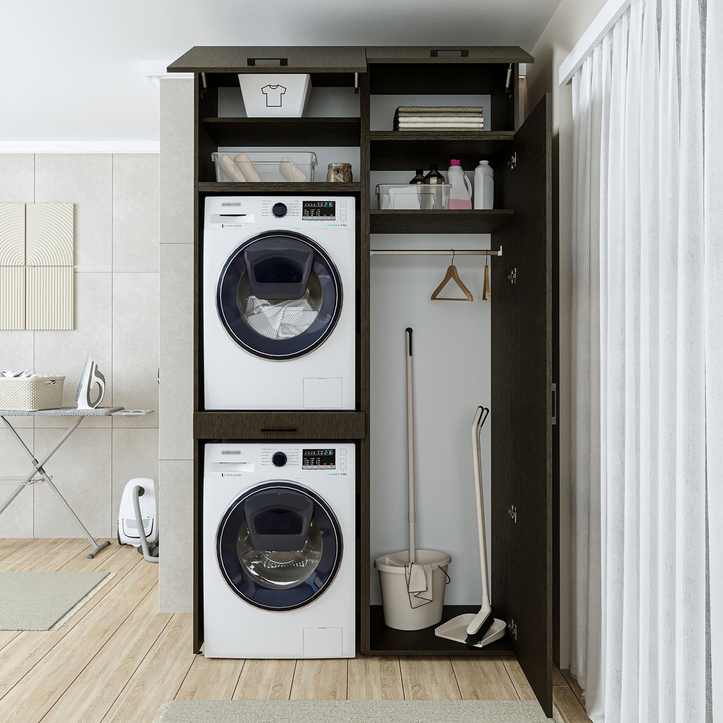 Roomart DUO-I Waschmaschinenschrank 127 cm – Waschmaschine & Trockner übereinander, Hochschrank