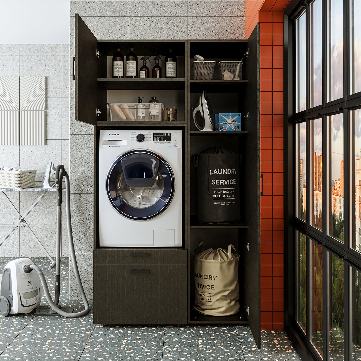 Roomart Waschmaschinenschrank SERIE 2 – Überbauschrank mit Schublade, Überbauschrank für Waschküche & Hauswirtschaftsraum – mit Ausziehbrett & Schublade – in 3 Farben